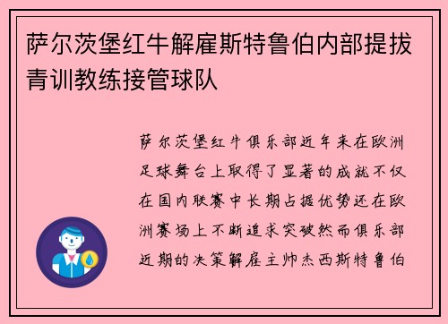 萨尔茨堡红牛解雇斯特鲁伯内部提拔青训教练接管球队 萨尔茨堡红牛解雇斯特鲁伯内部提拔青训教练接管球队